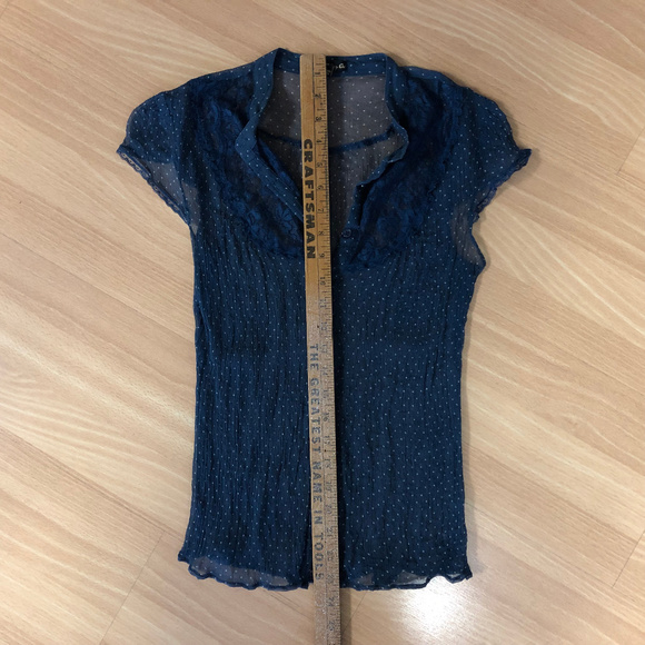 Forever21 Sheer Embellished Navy Blue Polkadot Top - Picture 4 of 5